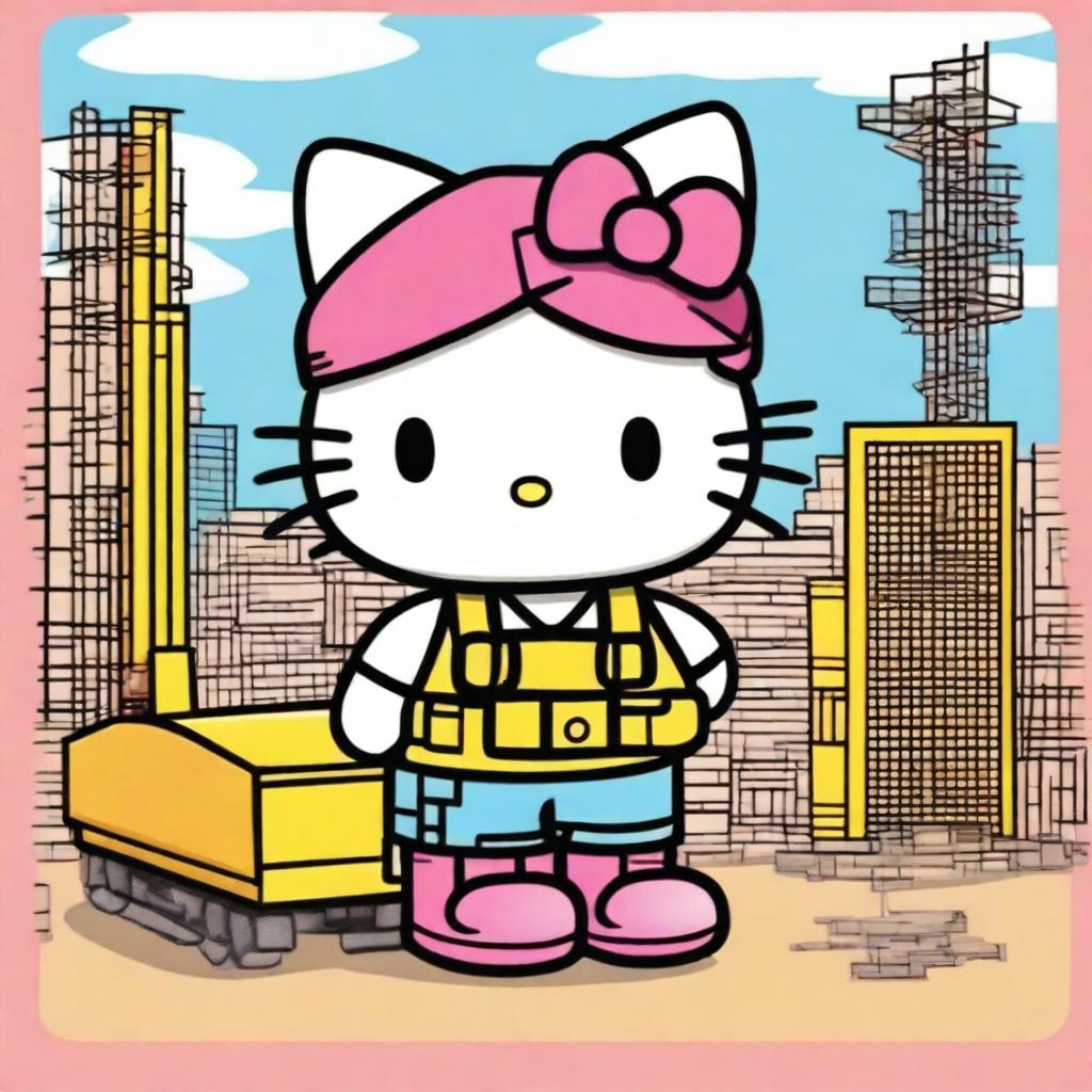 Create an image featuring Hello Kitty at a construction site