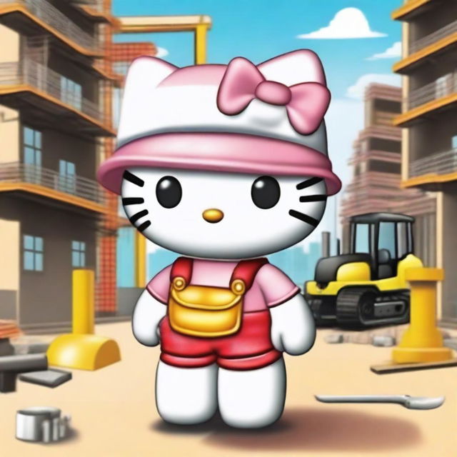 Create an image featuring Hello Kitty at a construction site