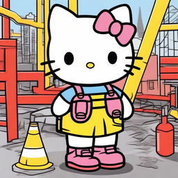 Create an image featuring Hello Kitty at a construction site