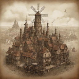 A creative illustration of Poland in a steampunk style, incorporating Krakow with a cityscape of antiquated metallic structures, countryside landscapes dotted with steam-powered windmills, and ancient castles touched with subtle gearwork.