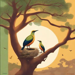 A captivating book cover featuring a weaver bird and her nestling on a baobab tree