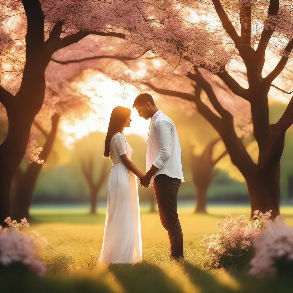 A serene and romantic scene featuring a couple in love, set in a beautiful park during sunset