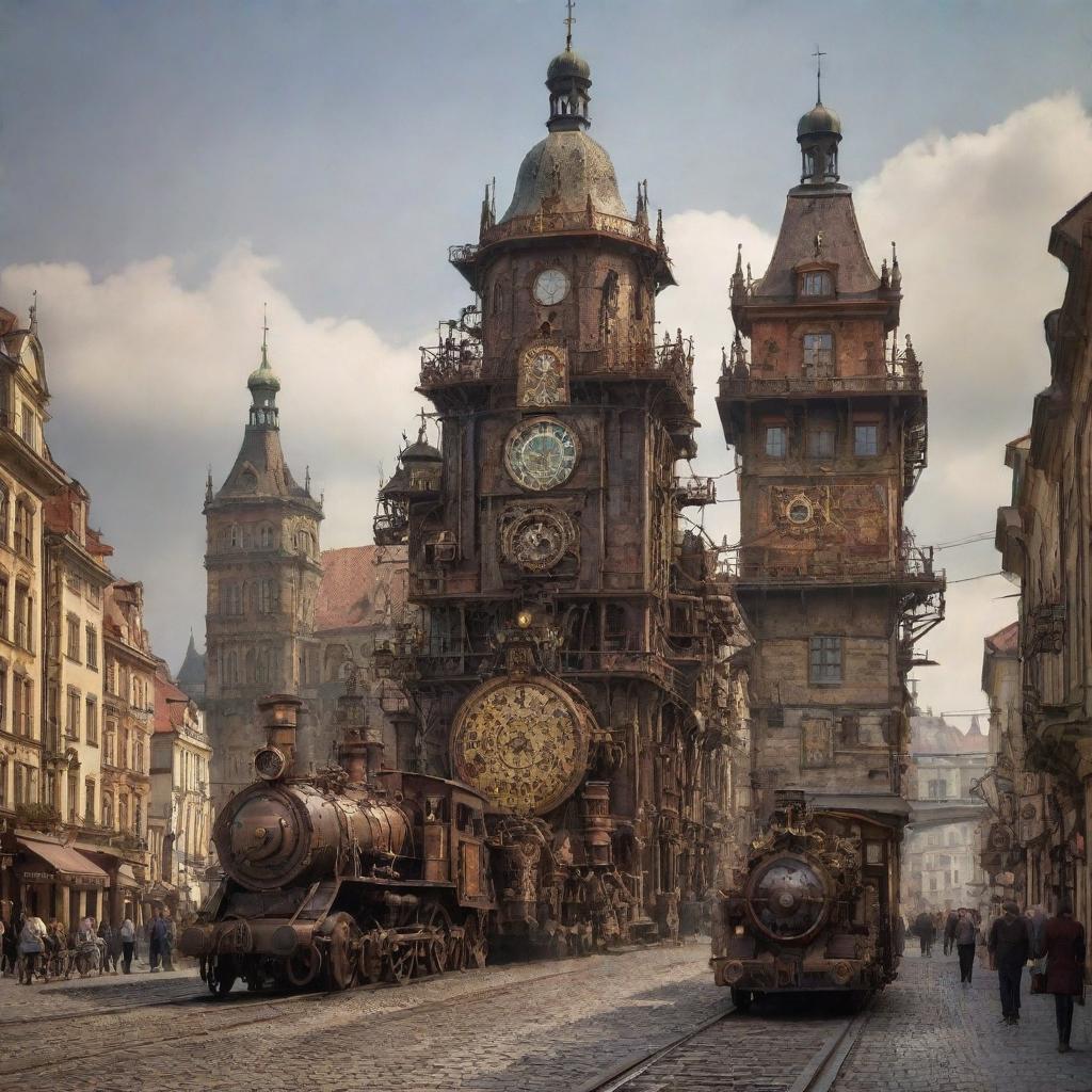 A vision of the Czech Republic with a steampunk aesthetic, showcasing Prague strewn with rusted iron structures, rustic landscapes interlaced with steel machinery, and Bohemian crystals transformed into mechanical marvels.