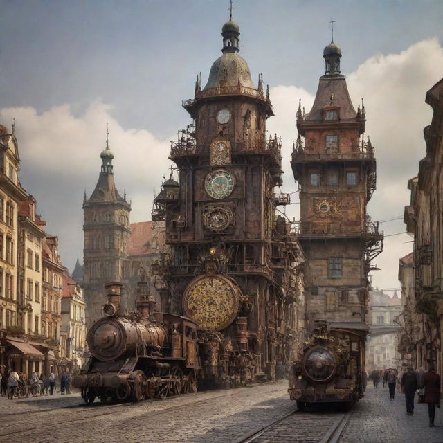 A vision of the Czech Republic with a steampunk aesthetic, showcasing Prague strewn with rusted iron structures, rustic landscapes interlaced with steel machinery, and Bohemian crystals transformed into mechanical marvels.