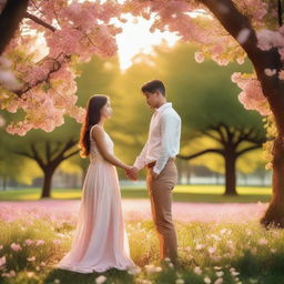 A serene and romantic scene featuring a couple in love, set in a beautiful park during sunset