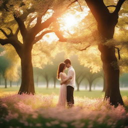 A serene and romantic scene featuring a couple in love, set in a beautiful park during sunset