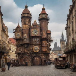 A vision of the Czech Republic with a steampunk aesthetic, showcasing Prague strewn with rusted iron structures, rustic landscapes interlaced with steel machinery, and Bohemian crystals transformed into mechanical marvels.