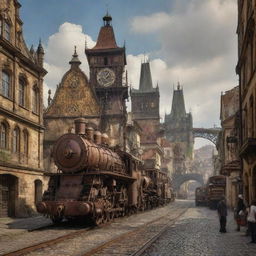 A vision of the Czech Republic with a steampunk aesthetic, showcasing Prague strewn with rusted iron structures, rustic landscapes interlaced with steel machinery, and Bohemian crystals transformed into mechanical marvels.