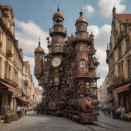 A vision of the Czech Republic with a steampunk aesthetic, showcasing Prague strewn with rusted iron structures, rustic landscapes interlaced with steel machinery, and Bohemian crystals transformed into mechanical marvels.