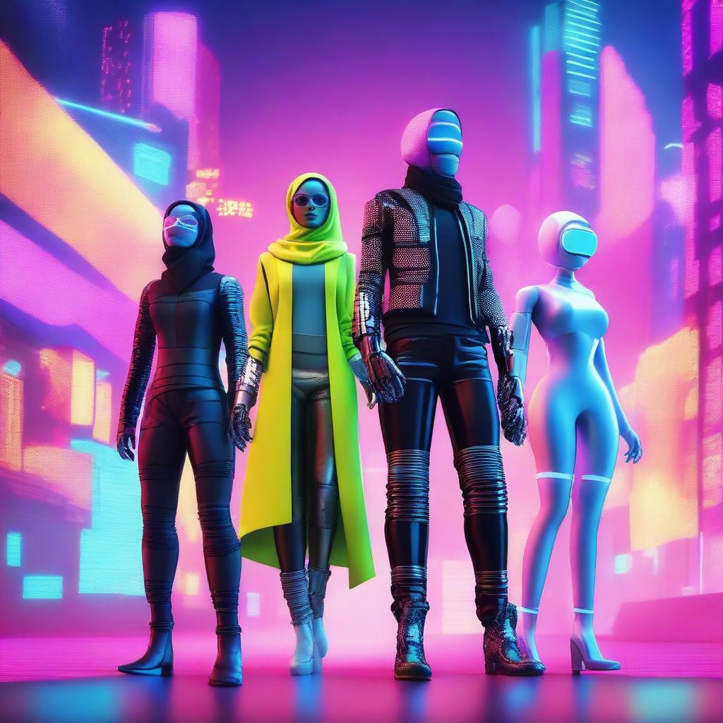 A hijabi woman in an exoskeleton standing with a male pop star, a manic pixie dream girl, and a female robot