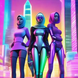 A hijabi woman in an exoskeleton standing with a male pop star, a manic pixie dream girl, and a female robot