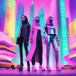 A hijabi woman in an exoskeleton standing with a male pop star, a manic pixie dream girl, and a female robot