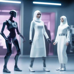 A diverse group featuring a hijabi woman in an advanced exoskeleton, a male dancer mid-performance, a woman in a lab coat holding scientific equipment, and a female robot with a sleek, futuristic design