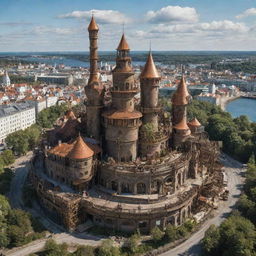 An iconic interpretation of Estonia through a steampunk lens, presenting Tallinn interwoven with brass and iron constructs, forests inhabited by mechanical wildlife, and the Baltic Sea filled with cogwork marine life.