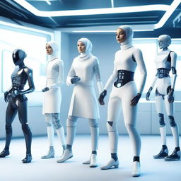 A diverse group featuring a hijabi woman in an advanced exoskeleton, a male dancer mid-performance, a woman in a lab coat holding scientific equipment, and a female robot with a sleek, futuristic design