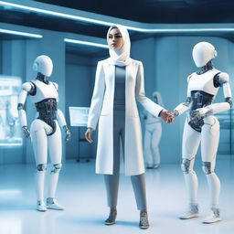 A diverse group featuring a hijabi woman in an advanced exoskeleton, a male dancer mid-performance, a woman in a lab coat holding scientific equipment, and a female robot with a sleek, futuristic design