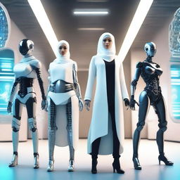 A diverse group featuring a hijabi woman in an advanced exoskeleton, a male dancer mid-performance, a woman in a lab coat holding scientific equipment, and a female robot with a sleek, futuristic design