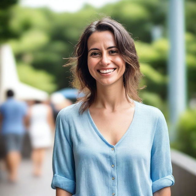 A 30-year-old mom in a light blue outfit, standing in a playful and casual setting