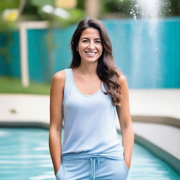 A 30-year-old mom in a light blue outfit, standing in a playful and casual setting