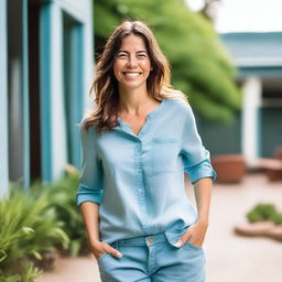 A 30-year-old mom in a light blue outfit, standing in a playful and casual setting