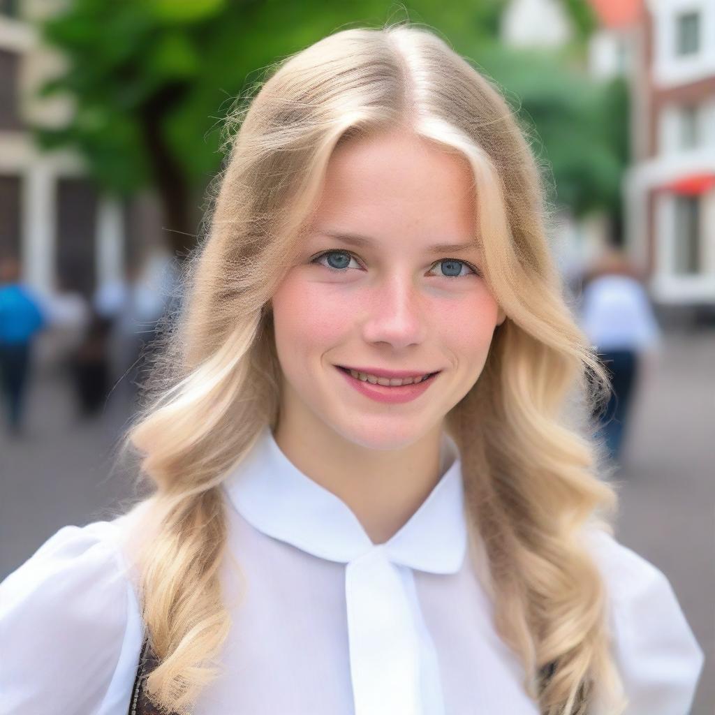 A Dutch girl with blonde hair wearing a white blouse