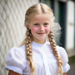 A Dutch girl with blonde hair wearing a white blouse