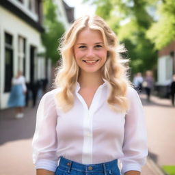 A Dutch girl with blonde hair wearing a white blouse