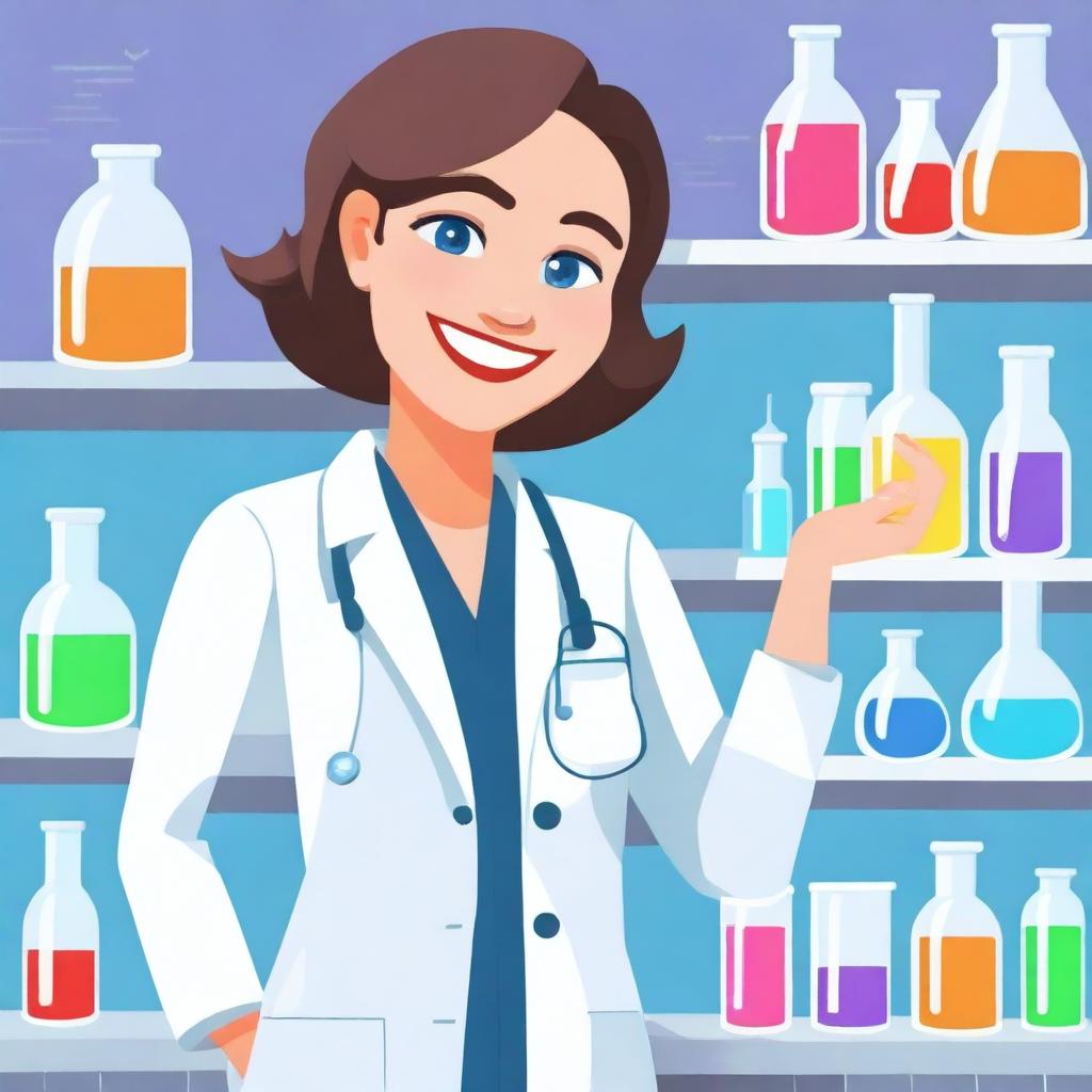 A fun and cheerful woman wearing a lab coat, standing in a laboratory setting