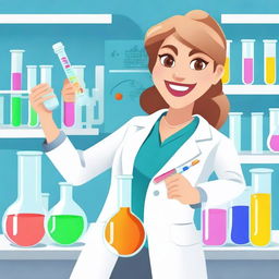 A fun and cheerful woman wearing a lab coat, standing in a laboratory setting