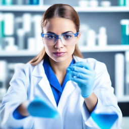 A young female scientist in a modern laboratory, wearing a white lab coat and safety goggles, holding a test tube filled with a bright blue liquid