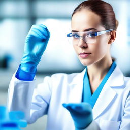 A young female scientist in a modern laboratory, wearing a white lab coat and safety goggles, holding a test tube filled with a bright blue liquid