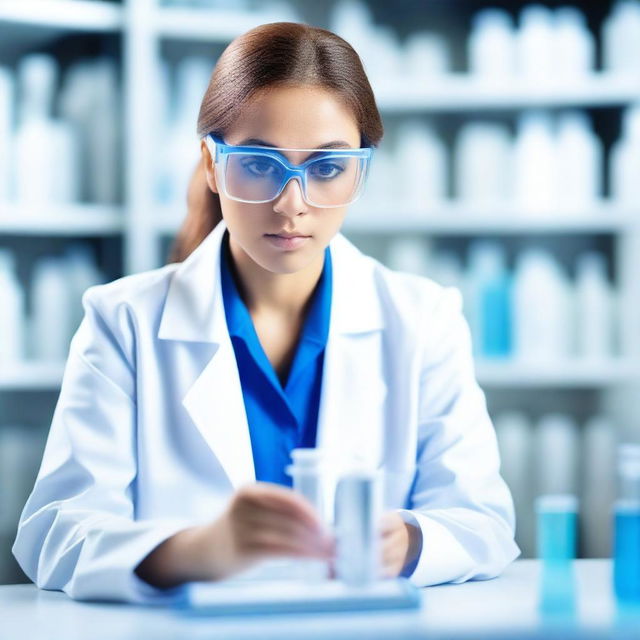 A young female scientist in a modern laboratory, wearing a white lab coat and safety goggles, holding a test tube filled with a bright blue liquid