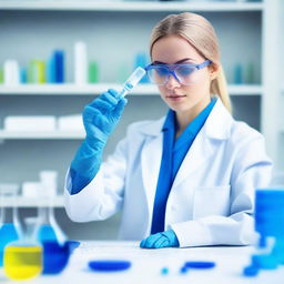 A young female scientist in a modern laboratory, wearing a white lab coat and safety goggles, holding a test tube filled with a bright blue liquid