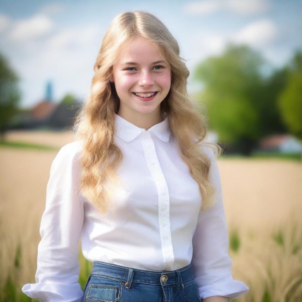 A Dutch teenager with blonde hair wearing a white blouse