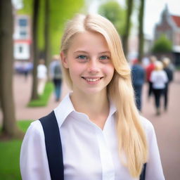 A Dutch teenager with blonde hair wearing a white blouse