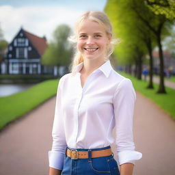 A Dutch teenager with blonde hair wearing a white blouse