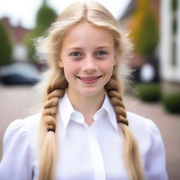 A Dutch teenager with blonde hair wearing a white blouse