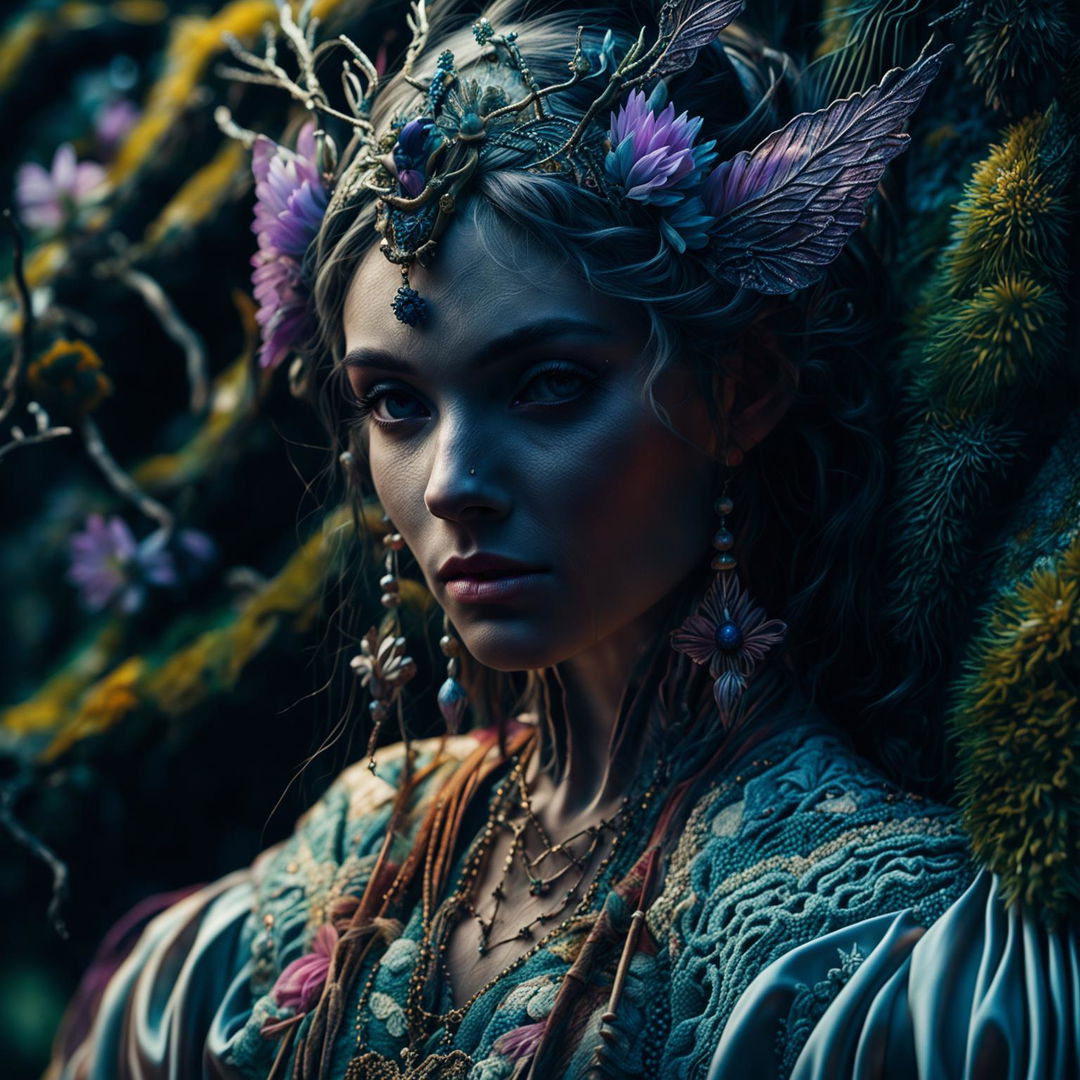 Hyper-realistic 3D rococo photograph of a different Russian elf woman in a mystical forest, with an intense close-up of her intricately detailed face, surrounded by vibrant flowers. The image is high definition, with immaculate composition and lighting, exuding fantasy and spirit vibes.