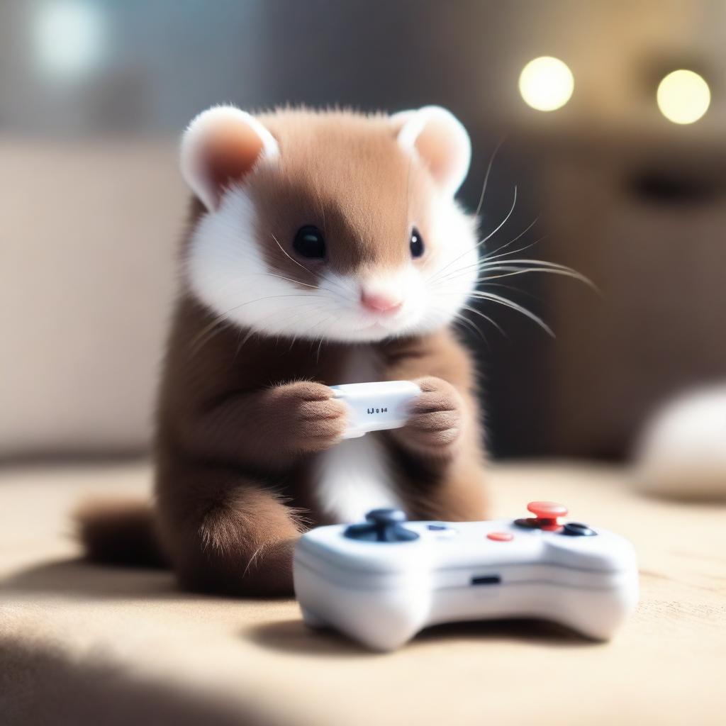 A cute mink holding a white gamepad in its tiny paws