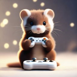 A cute mink holding a white gamepad in its tiny paws