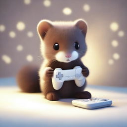 A cute mink holding a white gamepad in its tiny paws