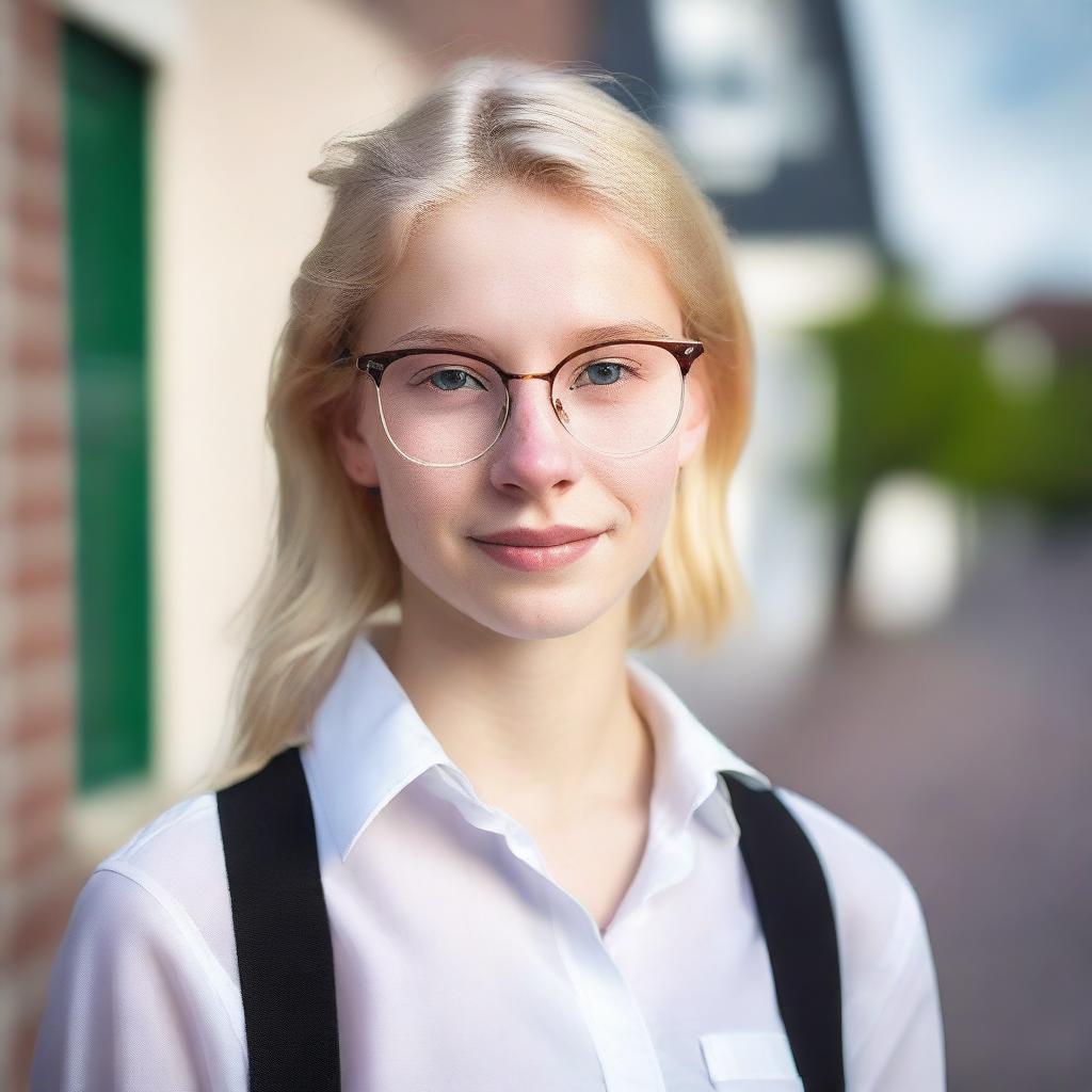 A Dutch teenager with blonde hair and glasses, wearing a white blouse