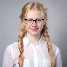 A Dutch teenager with blonde hair and glasses, wearing a white blouse