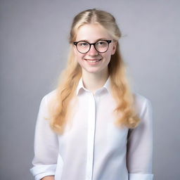 A Dutch teenager with blonde hair and glasses, wearing a white blouse