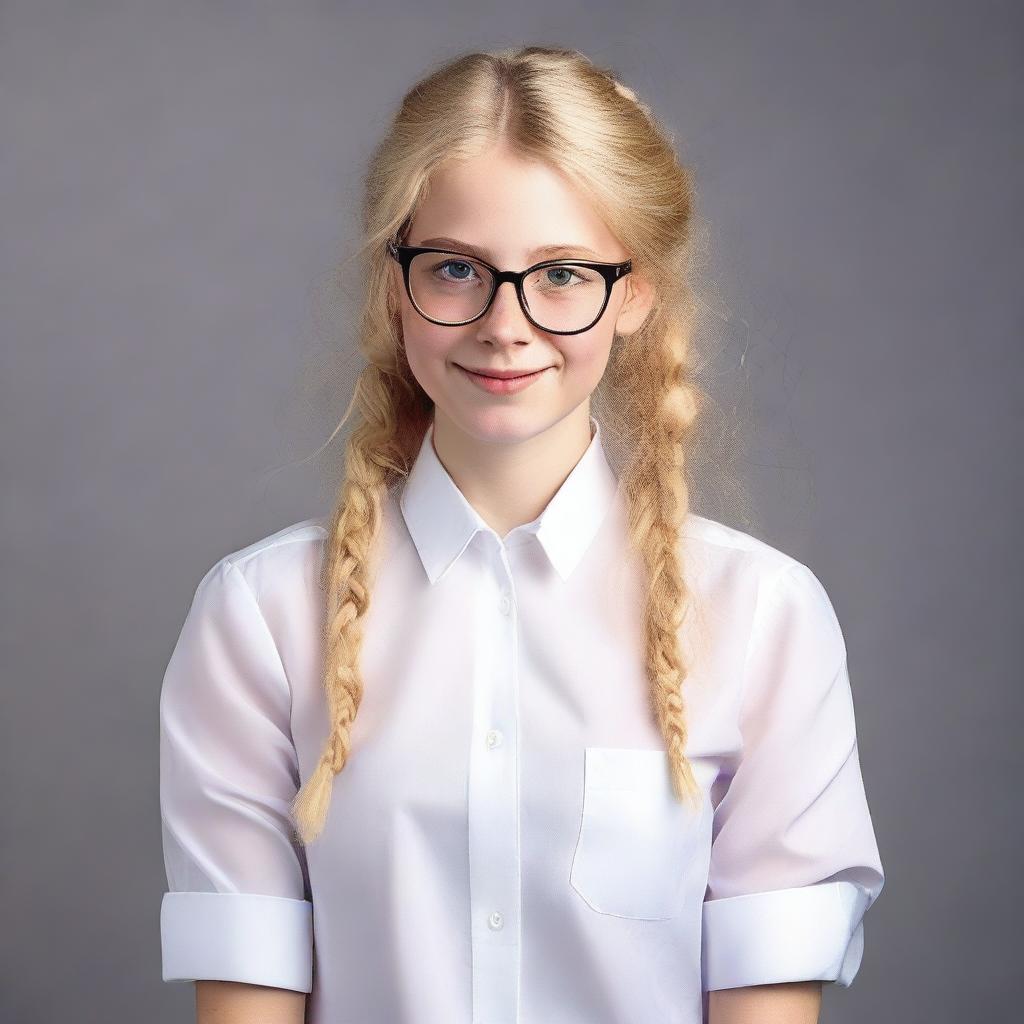 A Dutch teenager with blonde hair and glasses, wearing a white blouse