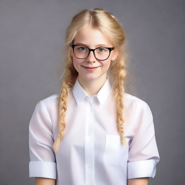 A Dutch teenager with blonde hair and glasses, wearing a white blouse