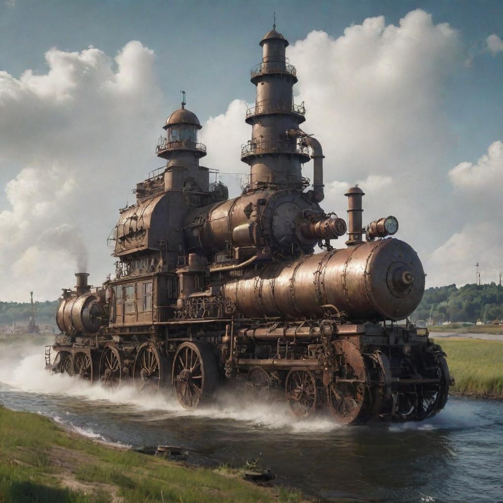 A creative reimagining of Lithuania with a steampunk twist, envisioning Vilnius punctuated by industrial-era constructs, rural landscapes dotted with steam-powered farm machinery, and the Baltic coastline animated with mechanical marine fauna.