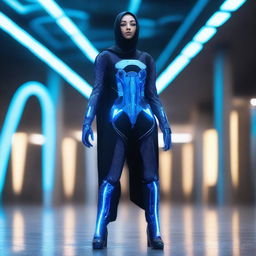 A hijabi woman wearing an oversized exoskeleton suit