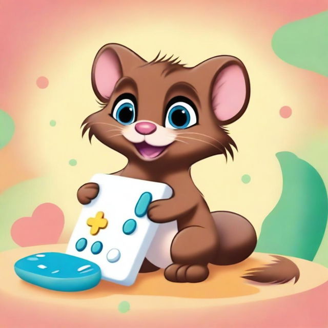 A cute, animated mink in the style of Disney wraps its body around a white gamepad