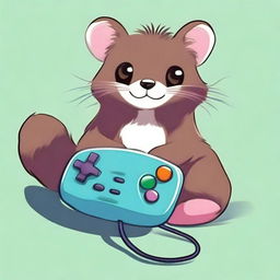 A cute, cartoon-style mink wraps itself around a gamepad